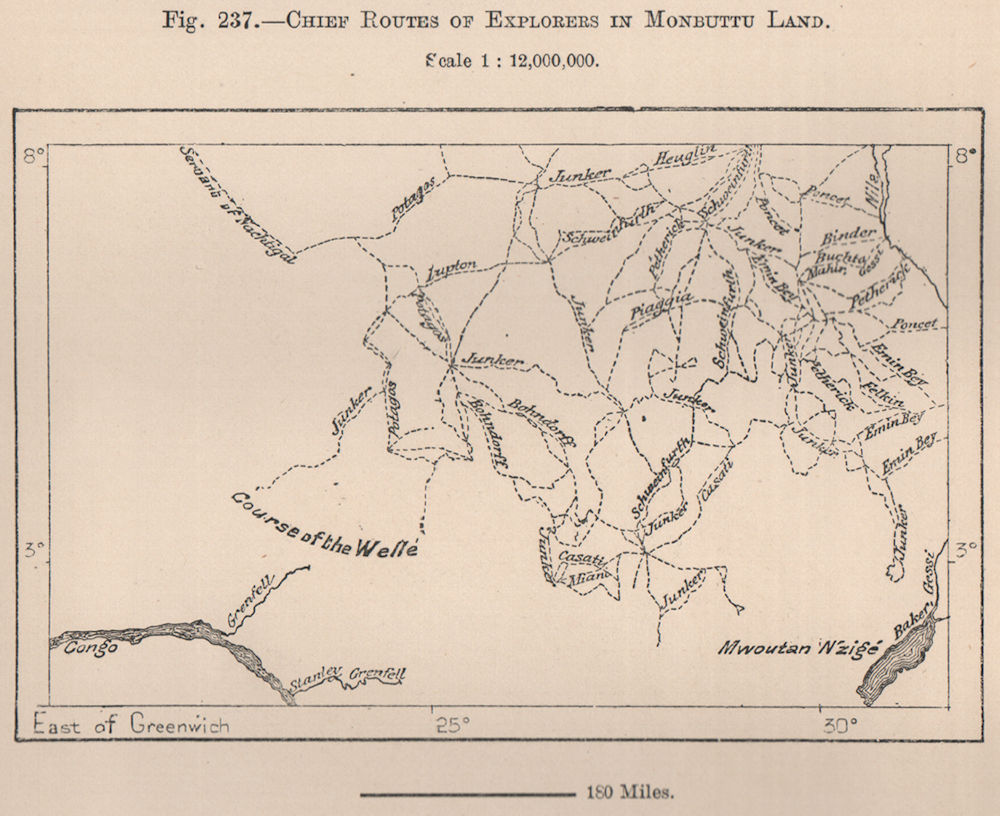 Associate Product Chief routes of explorers in Monbuttu Land. Congo. Congo Basin 1885 old map