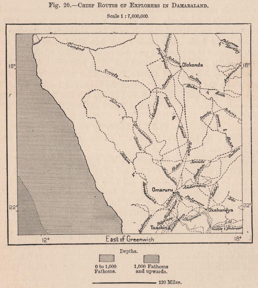 Chief routes of explorers in Damaraland. Namibia 1885 old antique map chart