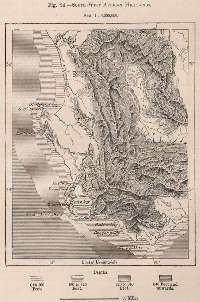 Western Cape Highlands & Mountain ranges. South Africa 1885 old antique map