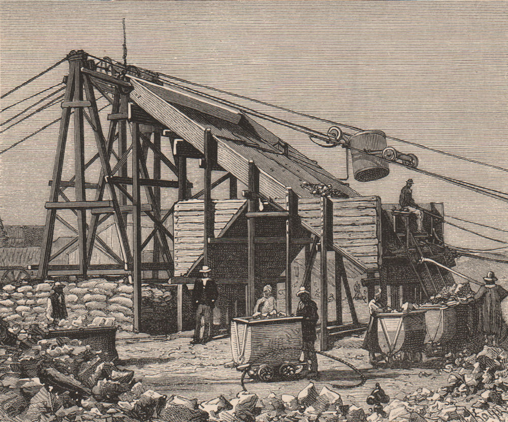 Apparatus for raising diamantiferous Earth.South Africa.Cape Colony 1885 print