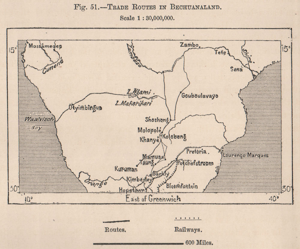 Trade Routes in Bechuanaland. Botswana 1885 old antique vintage map plan chart