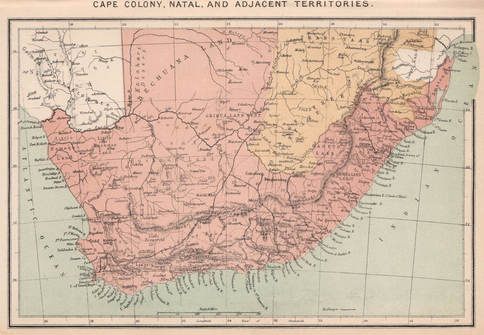 Associate Product Cape Colony, Natal, and adjacent Territories. South Africa 1885 old map