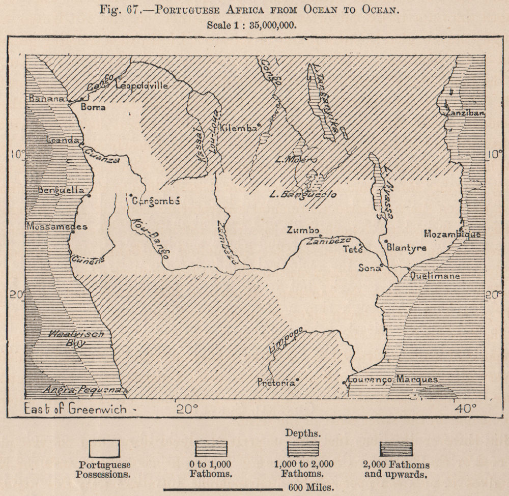 Portuguese Africa.Mozambique Angola Namibia Botswana Zambia.Zambezi 1885 map