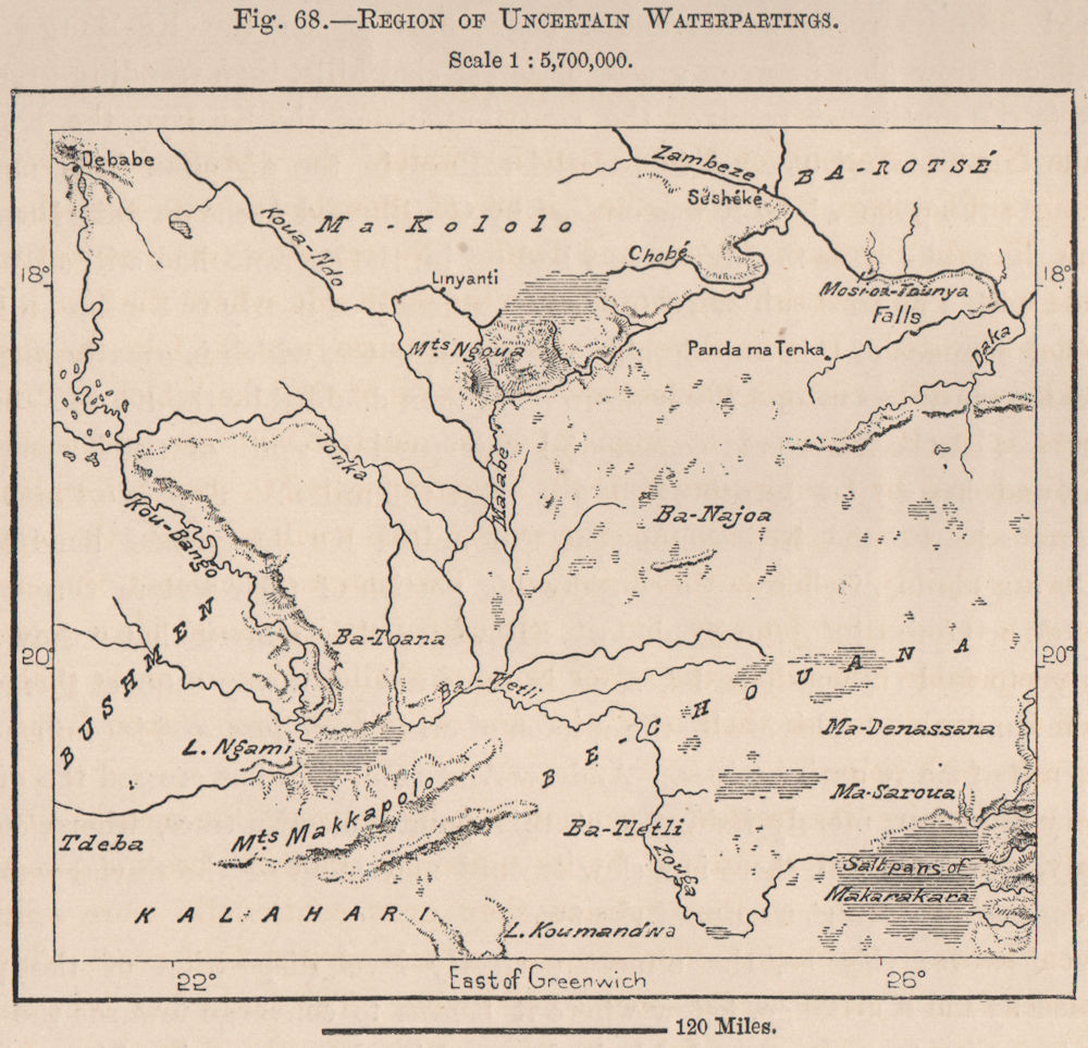 'Region of uncertain waterpartings'.Botswana Zambezi/Okavango delta 1885 map