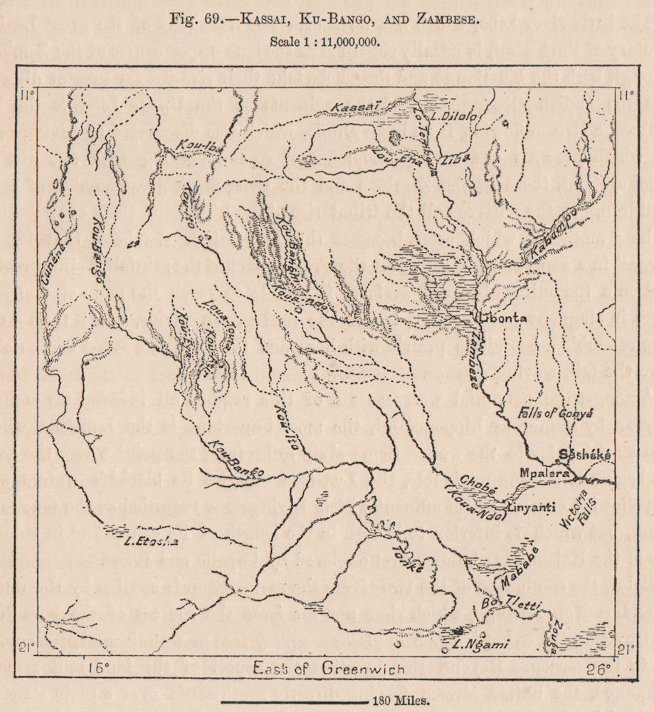 Kasai,Okovango & Zambezi river basins.Angola Namibia Botswana Zambia 1885 map