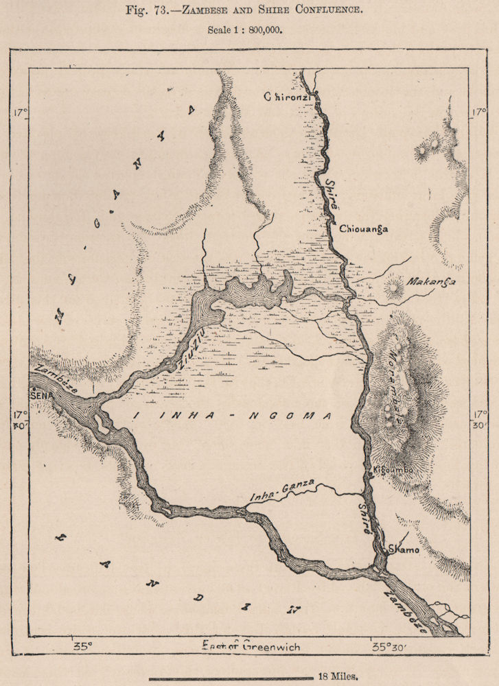 Zambezi and Shire/Chire rivers Confluence. Mozambique 1885 old antique map