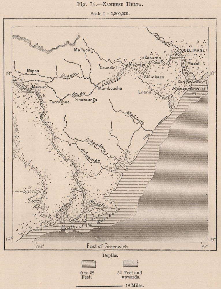 Zambezi Delta, Marromeu National Reserve & Quelimane. Mozambique 1885 old map