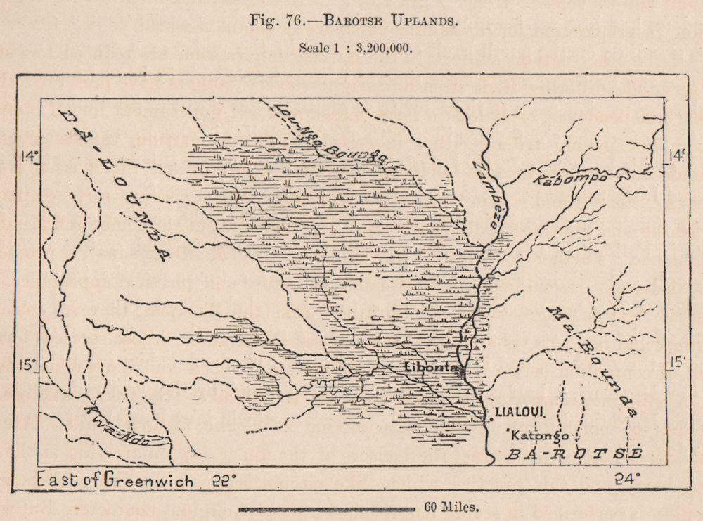 'Barotse Uplands'. Liuwa Plains. LeaLui. Zambia. Zambezi 1885 old antique map
