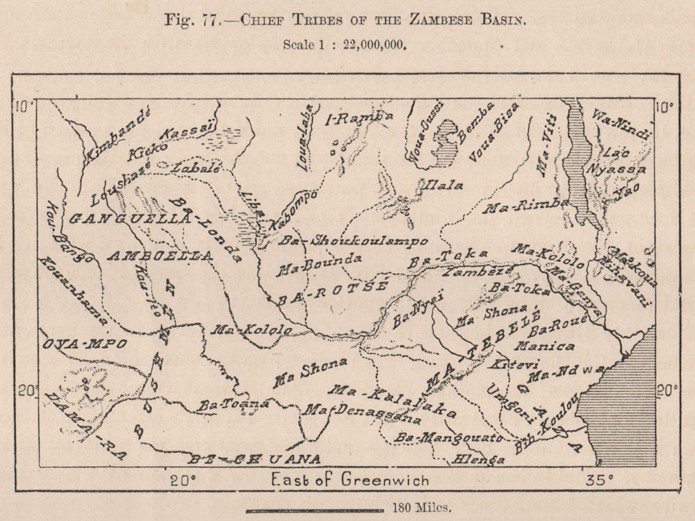 Chief Tribes of the Zambezi Basin. Zambia Mozambique 1885 old antique map
