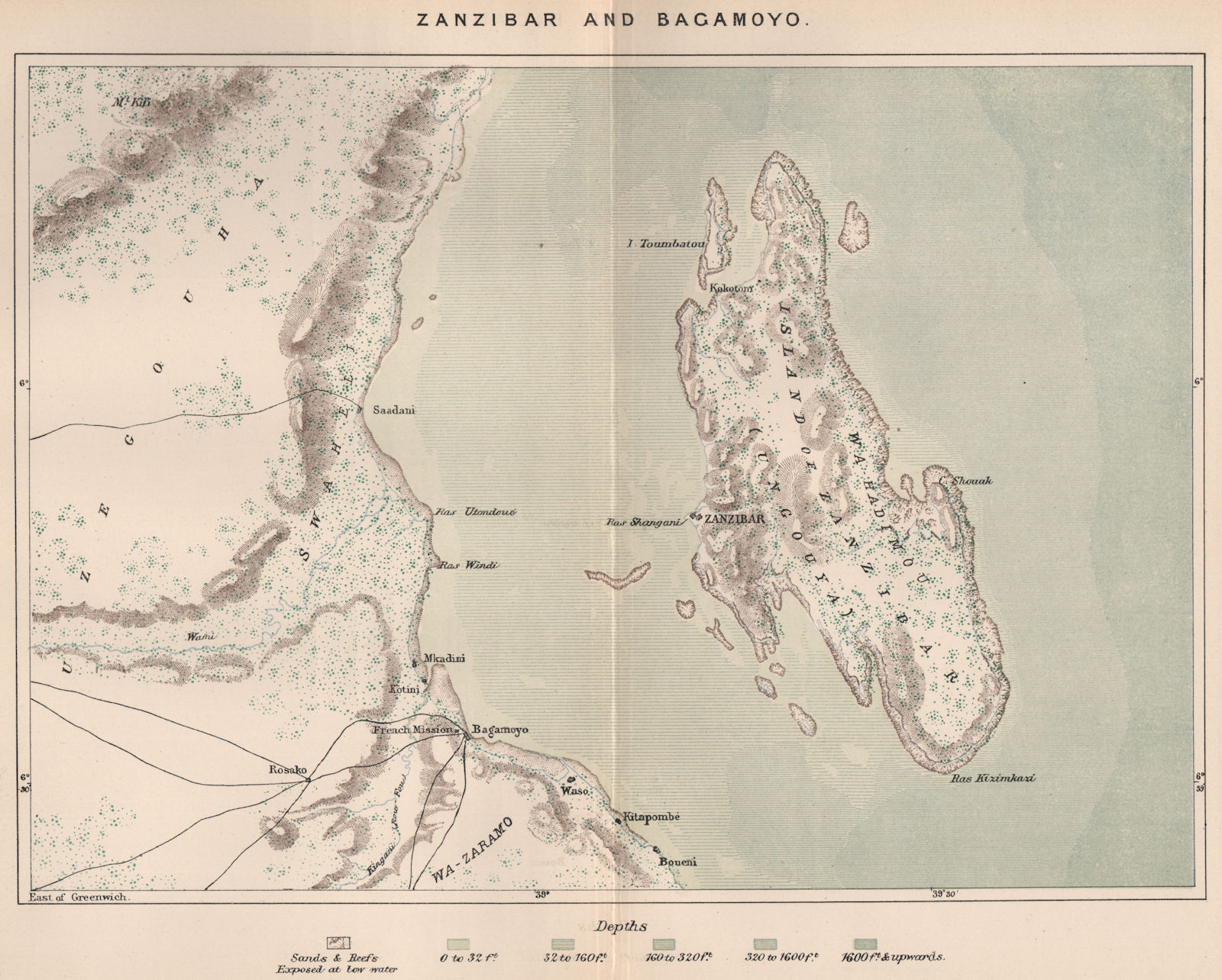 Zanzibar and Bagamoyo. Tanzania. German East Africa 1885 old antique map chart