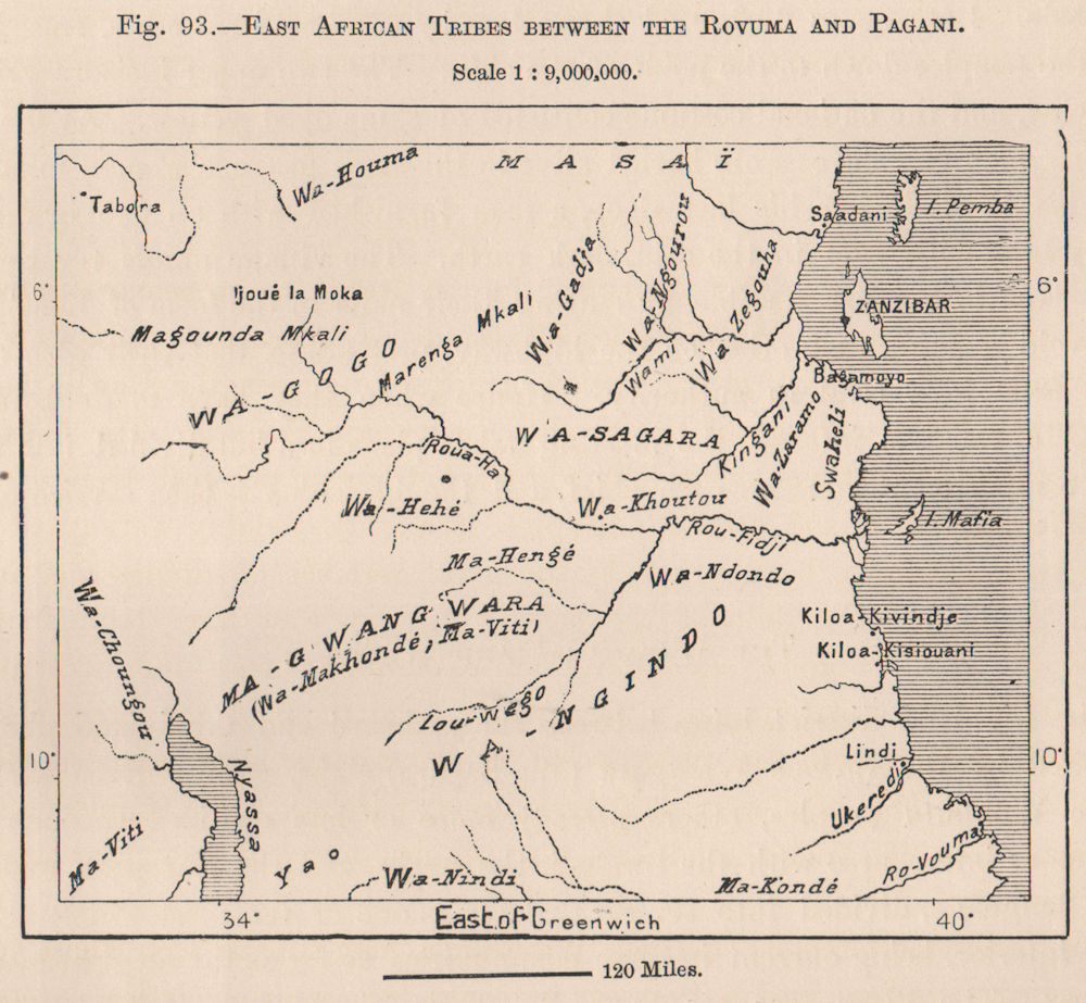Tribes between the Ruvuma/Rovuma & Pagani rivers. Tanzania 1885 old map
