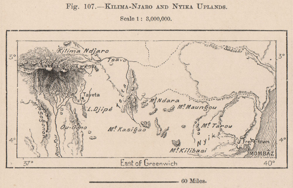 Kilimanjaro and Nyika Uplands. Nyiri/Taru Desert. Kenya. Maasai Land 1885 map