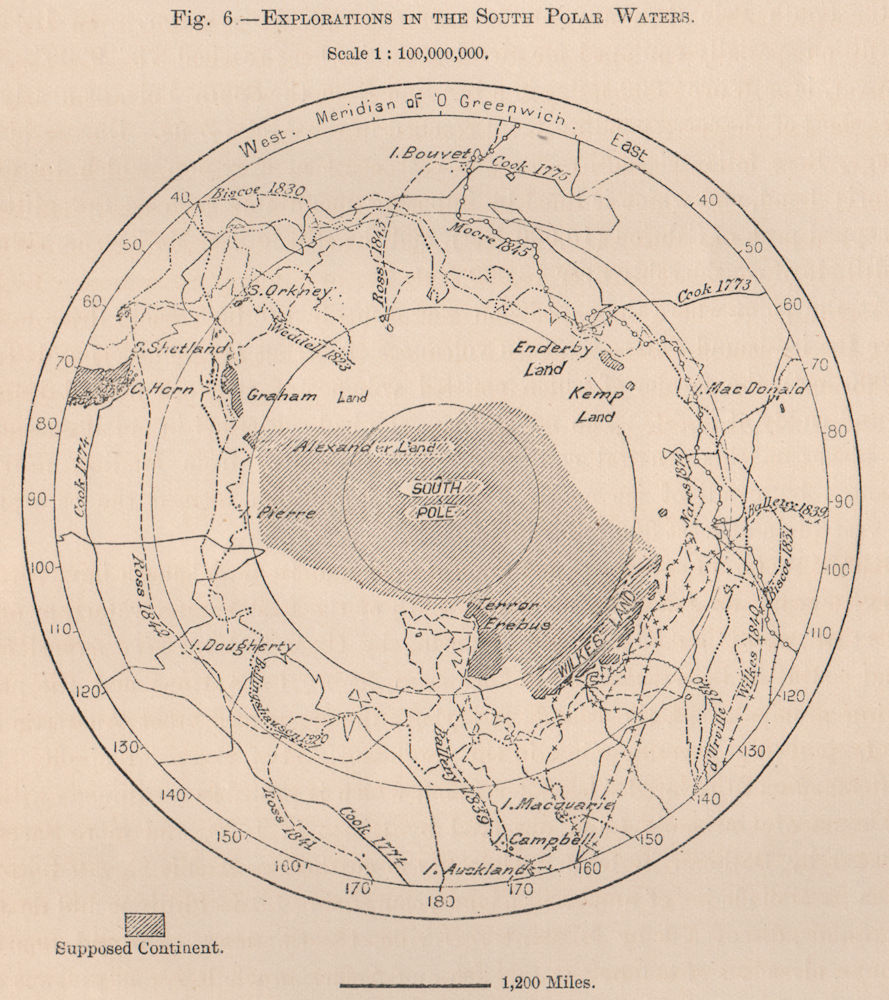 Explorations of the South Polar Waters. Antarctica 1885 old antique map chart