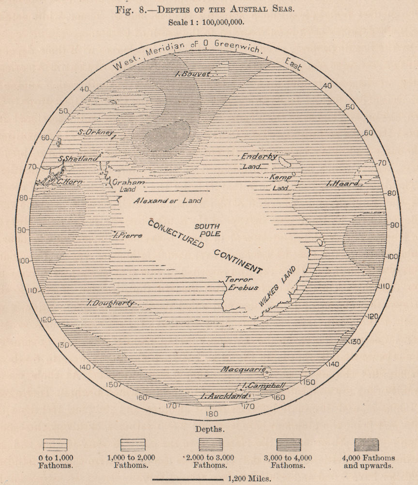 Depths of the Austral Seas. Antarctica 1885 old antique vintage map plan chart