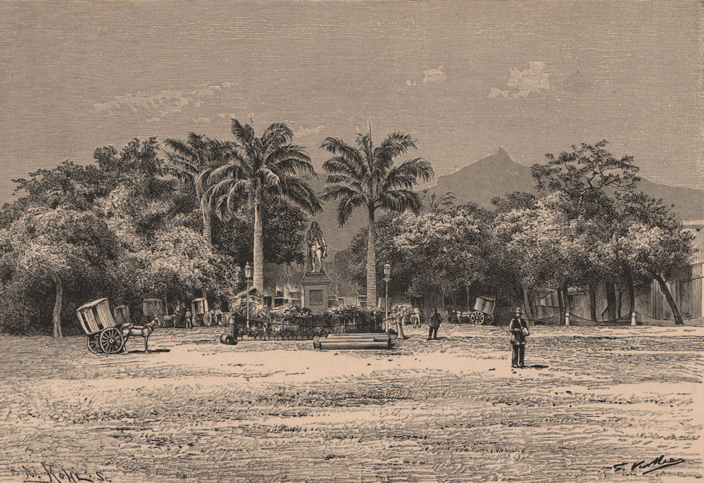 Port Louis. Bourdonnais statue. Mauritius. Mascarene/Mascarenhas islands 1885