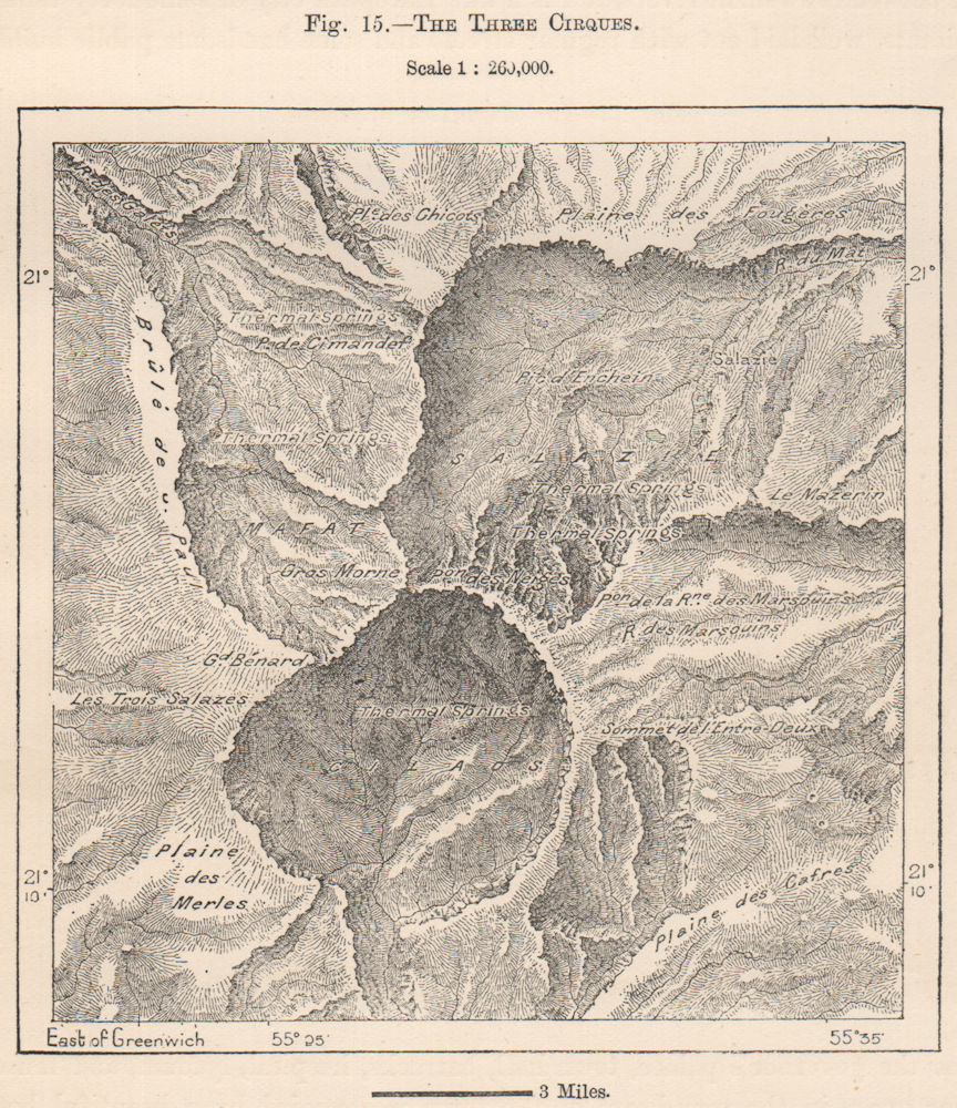 Three Cirques.La Reunion.Mascarene Islands.Mascarenhas Archipelago 1885 map