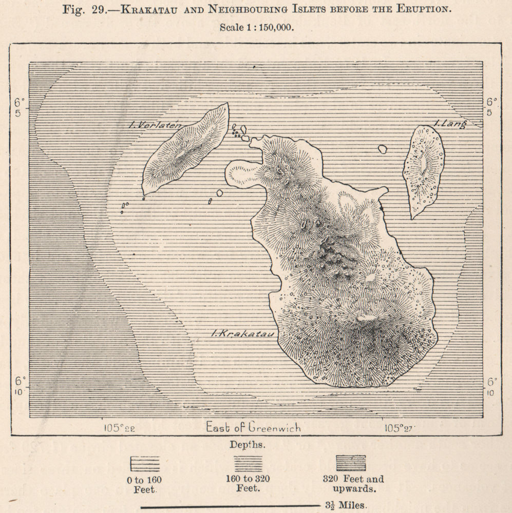 Krakatoa & neighbouring islets before the eruption. Indonesia 1885 old map