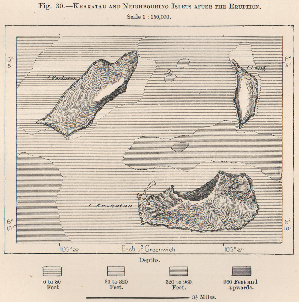 Krakatoa & neighbouring islets after the eruption. Indonesia 1885 old map