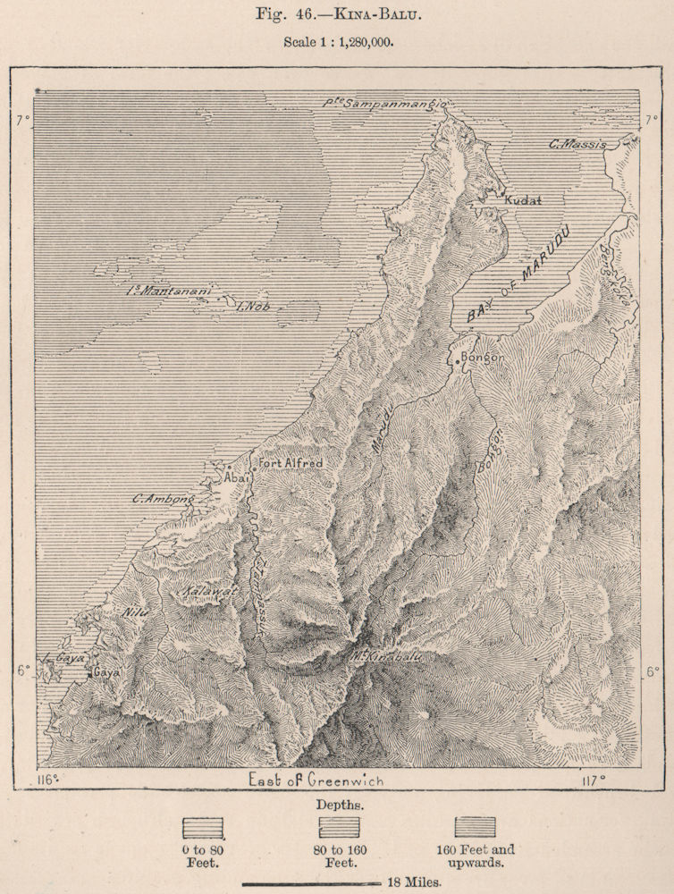 Mount Kinabalu, Sabah, Borneo, Malaysia. East Indies 1885 old antique map
