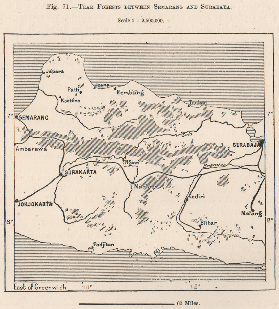 Teak forests between Semarang and Surabaya,Java,Indonesia.East Indies 1885 map