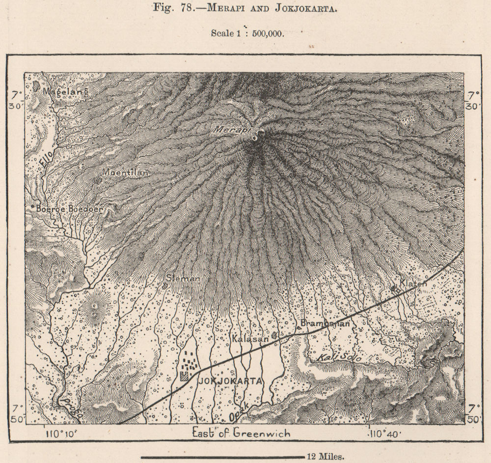 Mount Merapi and Yogyakarta, Java, Indonesia. East Indies 1885 old antique map