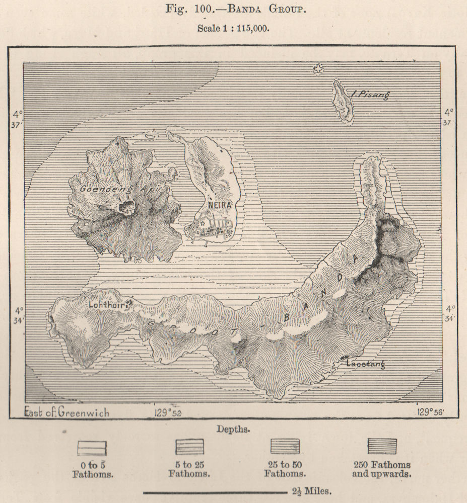 Banda Islands, Maluku, Indonesia. Banda Neira. East Indies 1885 old map
