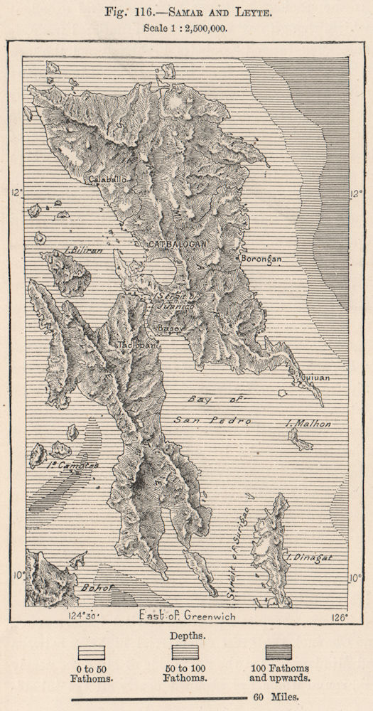 Samar & Leyte islands.Visayas.Philippines.Tacloban Calbayog Cities 1885 map