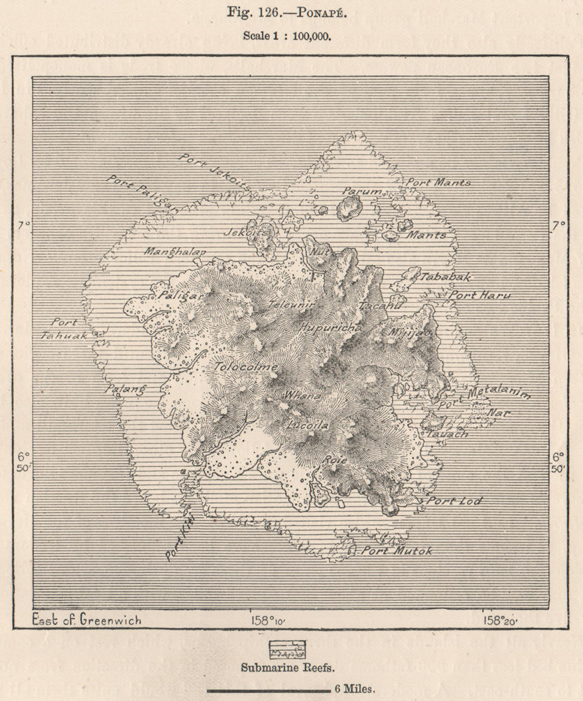Ponape(Pohnpei)island,Senyavin group,Caroline Islands.Micronesia 1885 old map