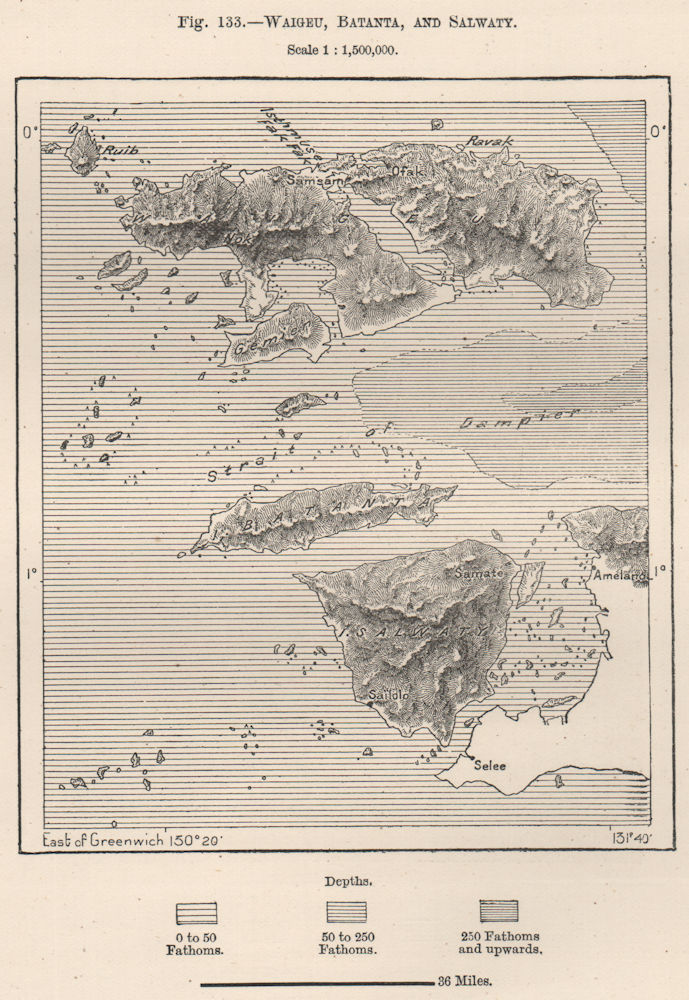 Raja Ampat Islands.Waigeo Batanta Salawati.Papua Indonesia New Guinea 1885 map