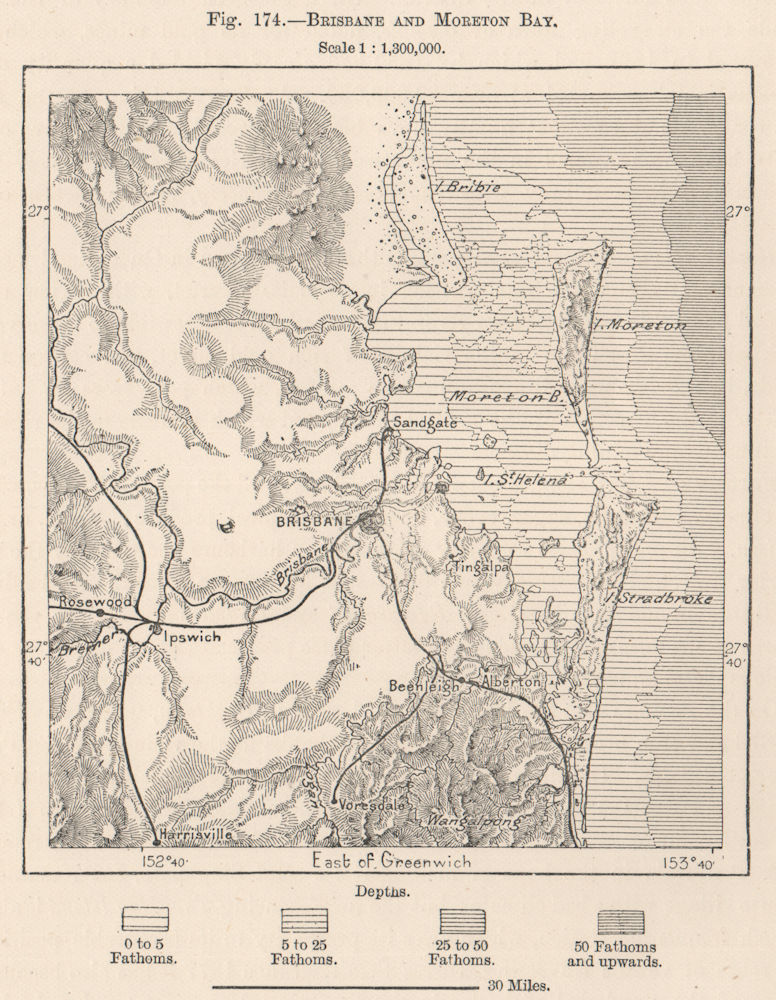 Brisbane and Moreton bay. Australia 1885 old antique vintage map plan chart