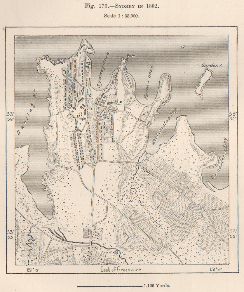 Sydney in 1802. Australia 1885 old antique vintage map plan chart