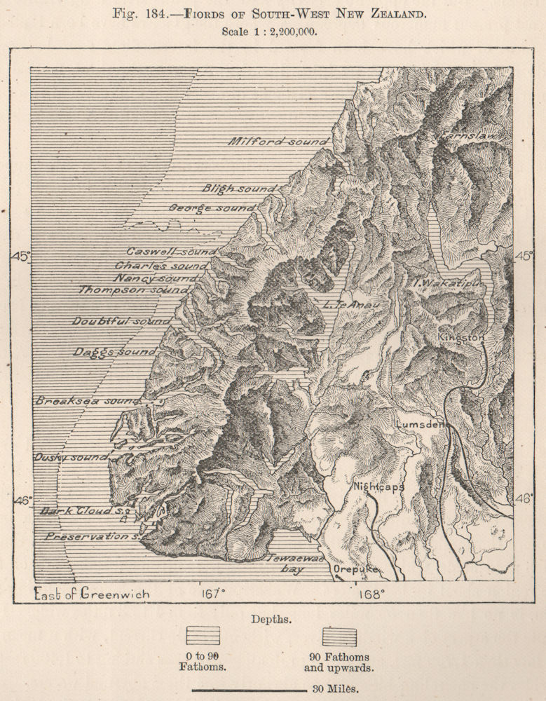 Associate Product Fjords of South-West New Zealand 1885 old antique vintage map plan chart