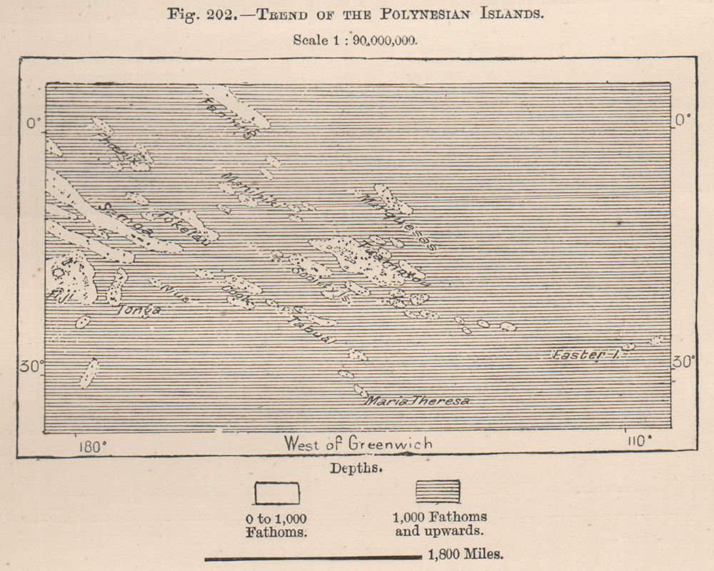Trend of the Polynesian Islands. South Pacific Ocean 1885 old antique map