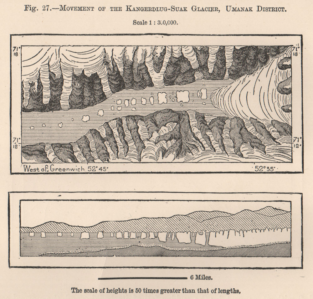 Kangerdlugssuaq Glacier movement,Umanak/Uummannaq district.Greenland 1885 map