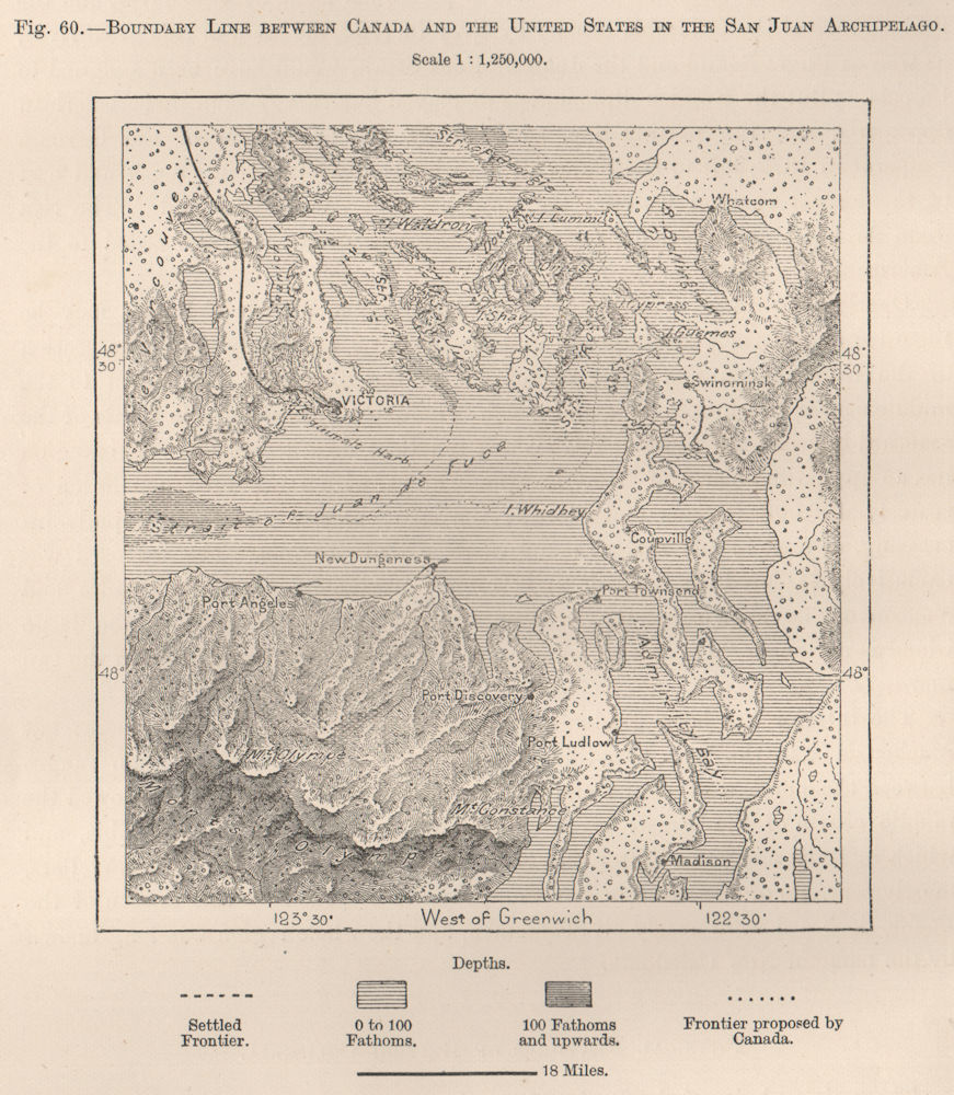 Canada/USA boundary line in the San Juan Archipelago. Washington 1885 old map
