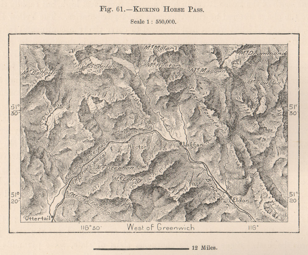 Kicking Horse pass. Canada 1885 old antique vintage map plan chart
