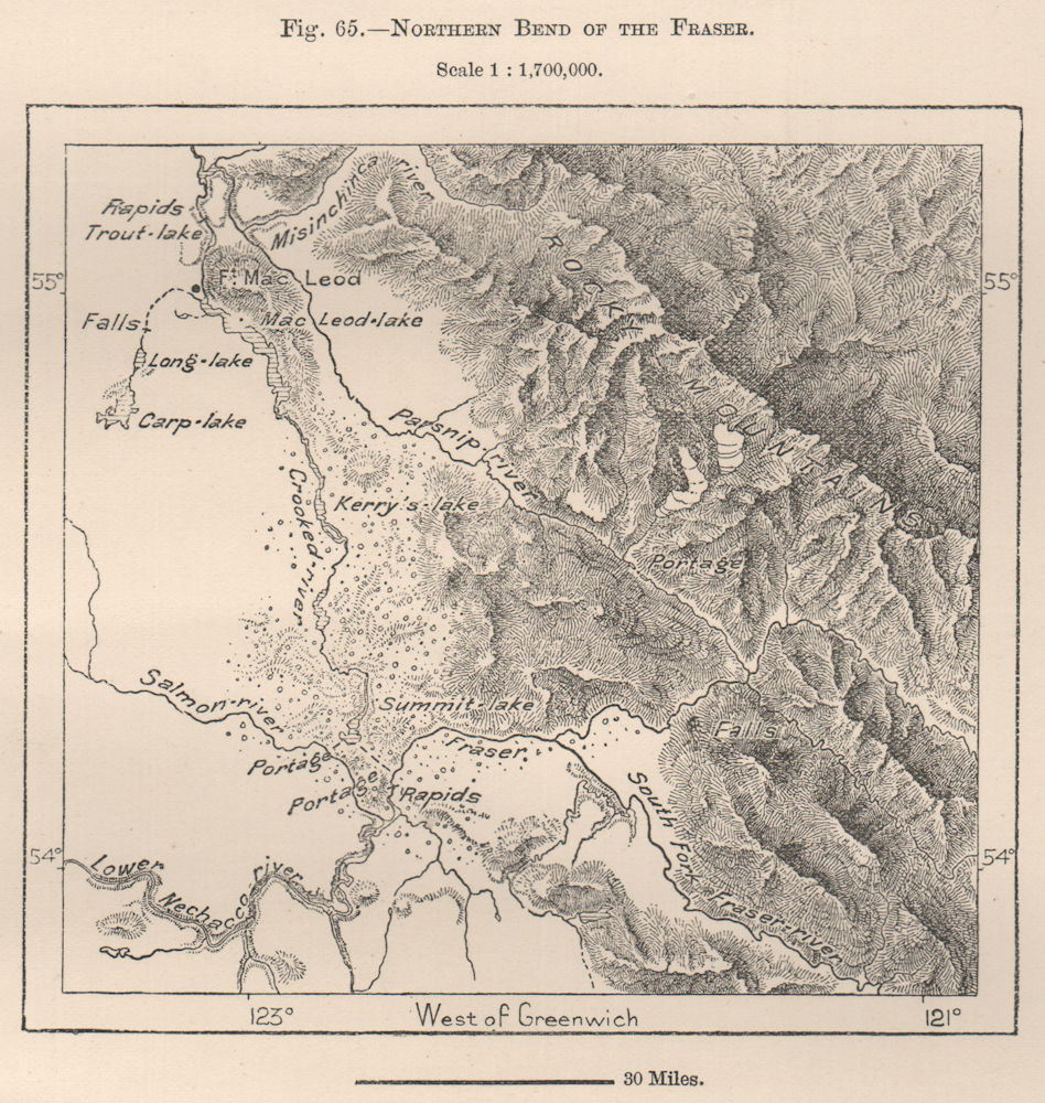 Associate Product Fraser River N bend.Carp Lake.Macleod Lake,British Columbia.Canada 1885 map