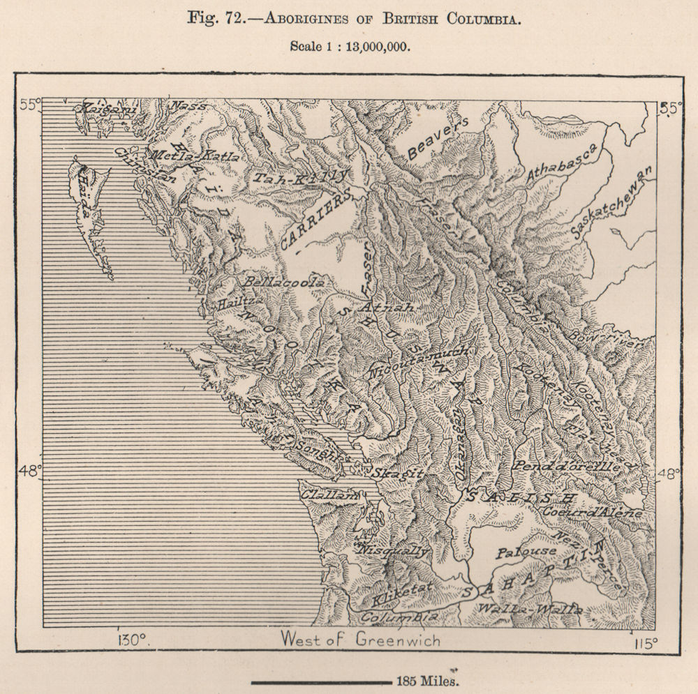 Aborigines/Native Americas of British Columbia. Canada 1885 old antique map