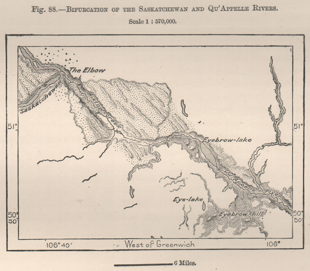 Bifurcation of the Saskatchewan and Qu'appelle Rivers. Canada 1885 old map