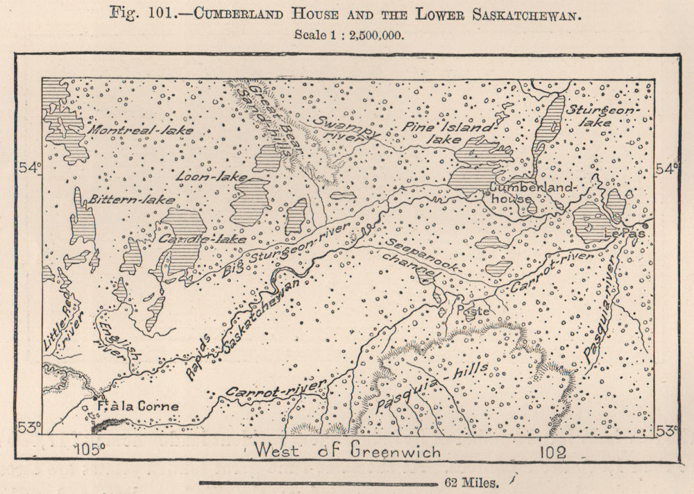 Cumberland House & the lower Saskatchewan river. Canada 1885 old antique map