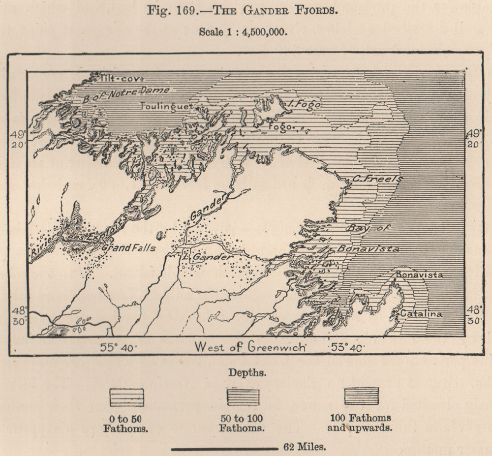 Associate Product The Gander Fjords. Canada 1885 old antique vintage map plan chart