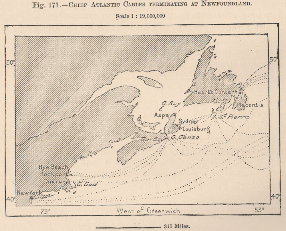 Associate Product Chief Atlantic cables terminating at Newfoundland. Canada 1885 old antique map