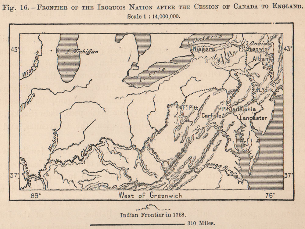 Iroquois Nation frontier after the cession of Canada to England 1885 old map