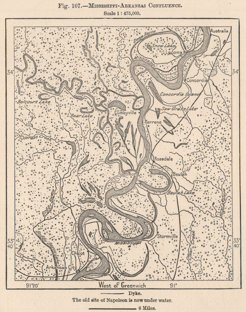 Associate Product Mississippi-Arkansas confluence 1885 old antique vintage map plan chart