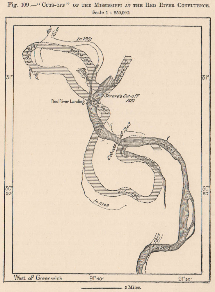Cuts-off of the Mississippi at the Red river confluence. Louisiana 1885 map