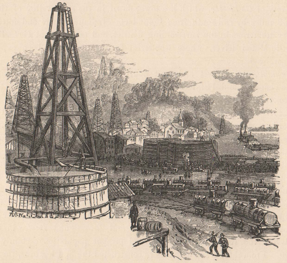 The Oil Industry - Petroleum wells. Ohio 1885 old antique print picture