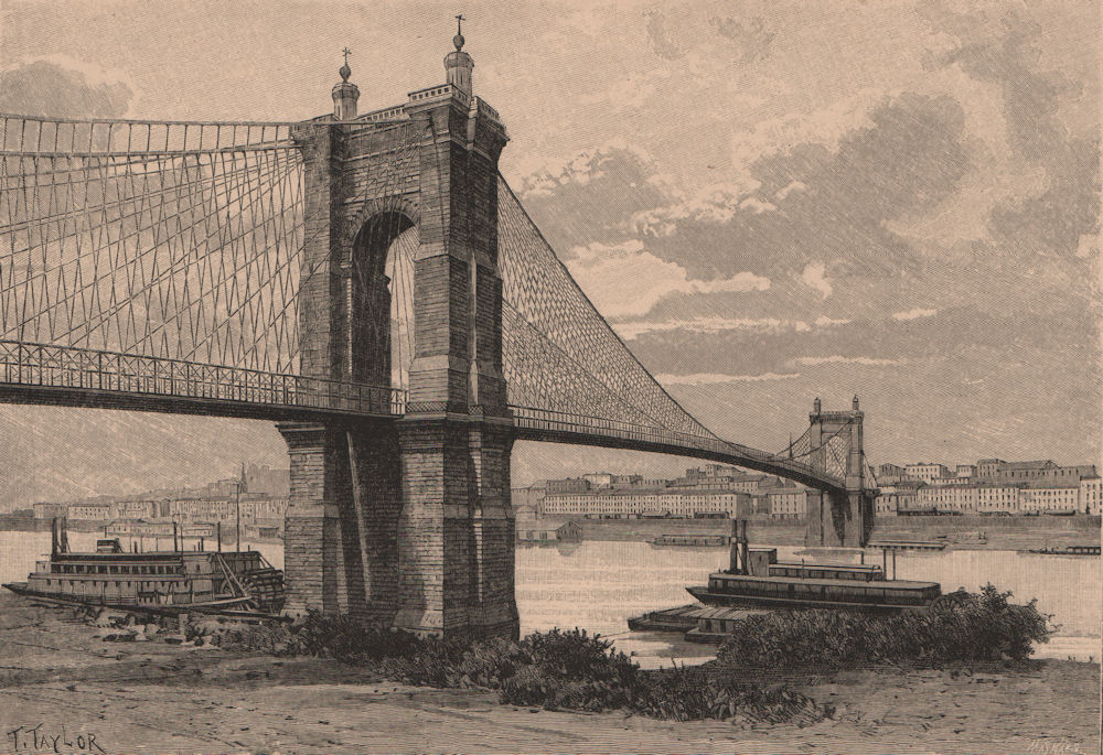 Cincinnati Bridge. Ohio 1885 old antique vintage print picture