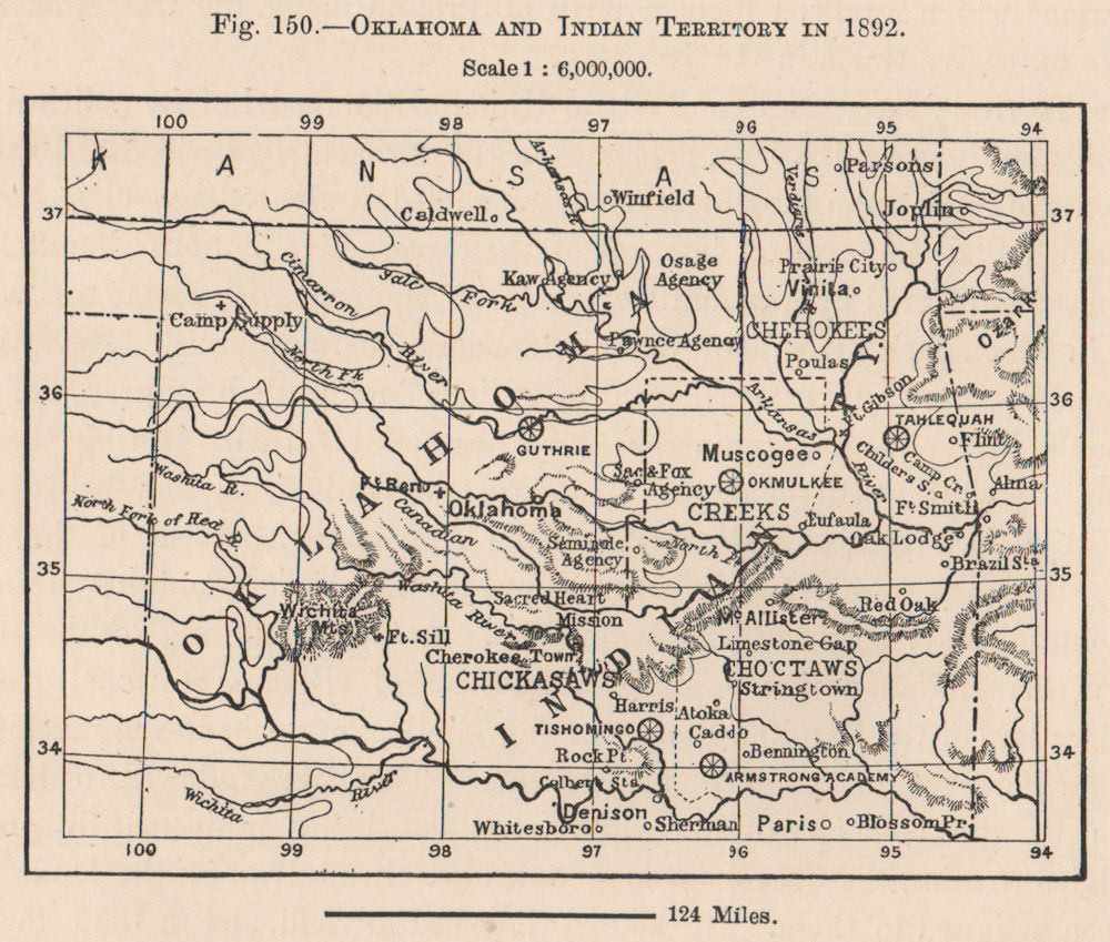 Associate Product Oklahoma and Indian Territory in 1892 1885 old antique vintage map plan chart