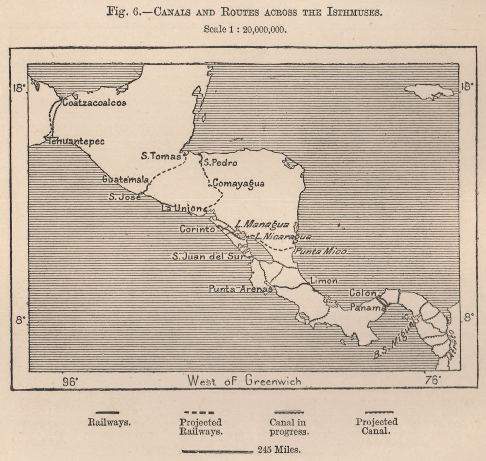 Associate Product Canals and routes across the Isthmuses. Central America. Panama 1885 old map