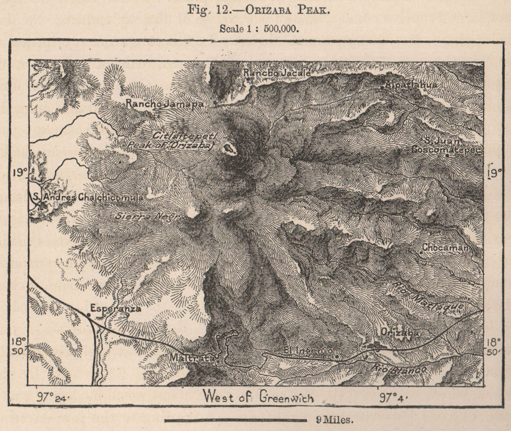 Pico de Orizaba Peak. Mexico 1885 old antique vintage map plan chart